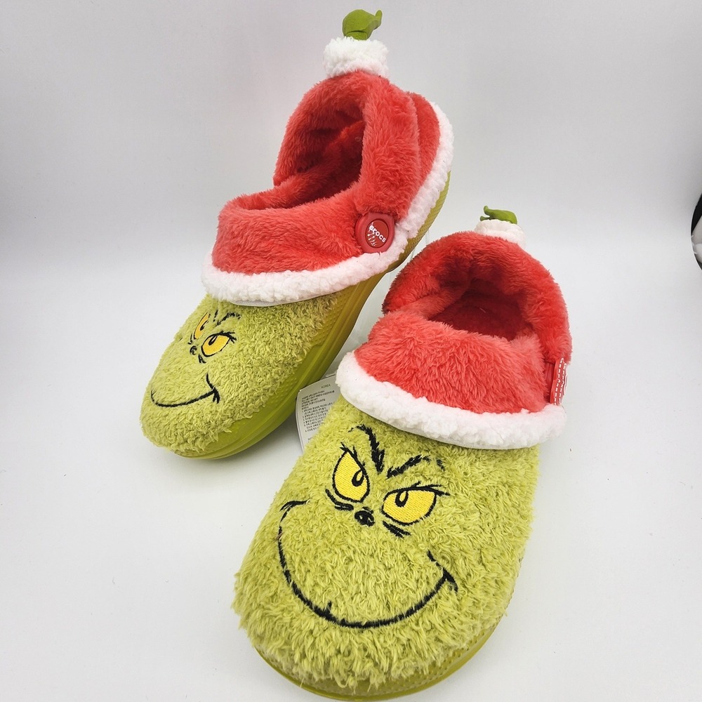 Crocs The Grinch Classic Lined Clog Mens M7/W9 Green Red Santa Hat Holiday NWT